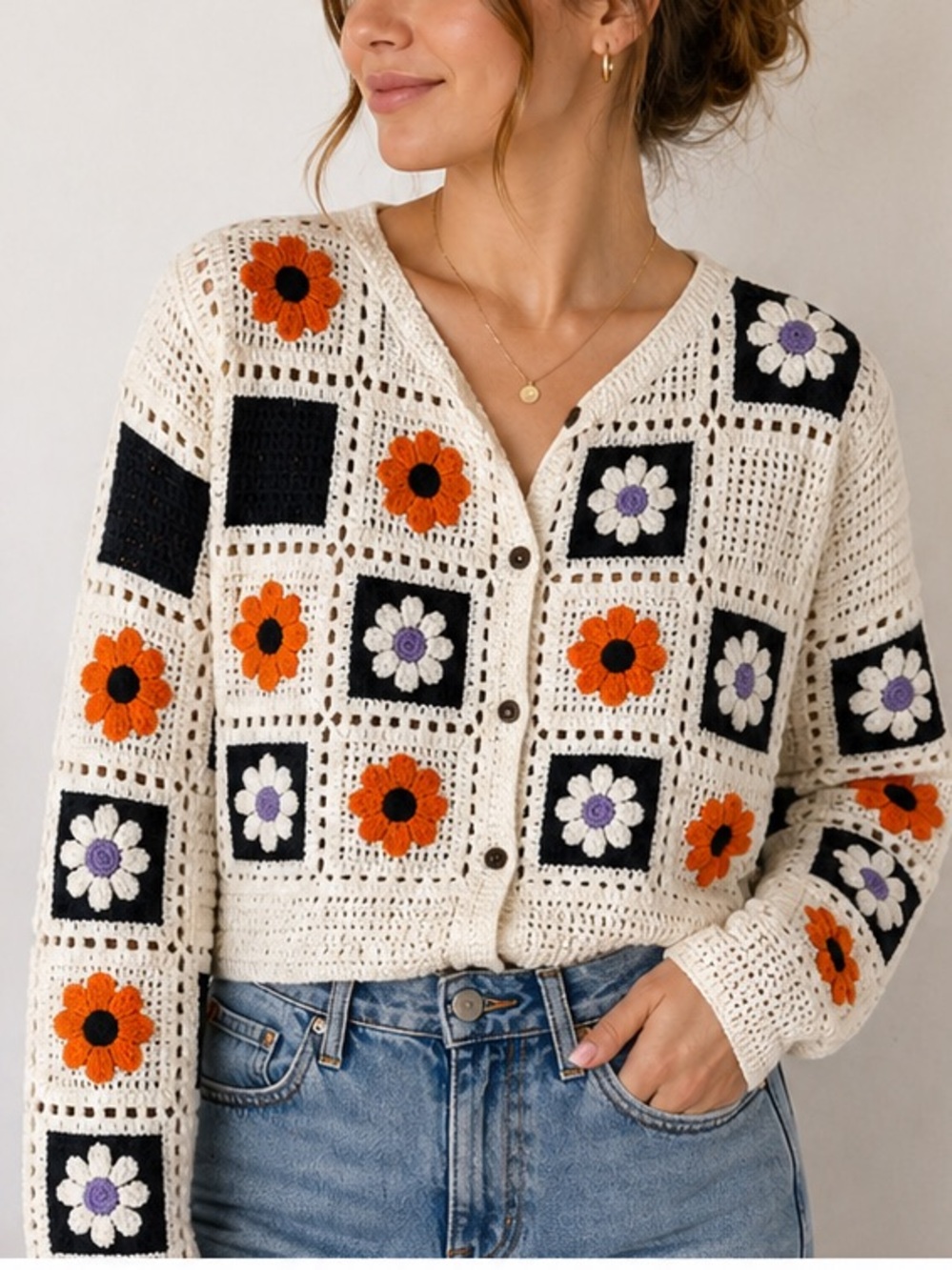 Floral Crochet Cardigan Granny Square Crop Boho Cottagecore Sweater Medium